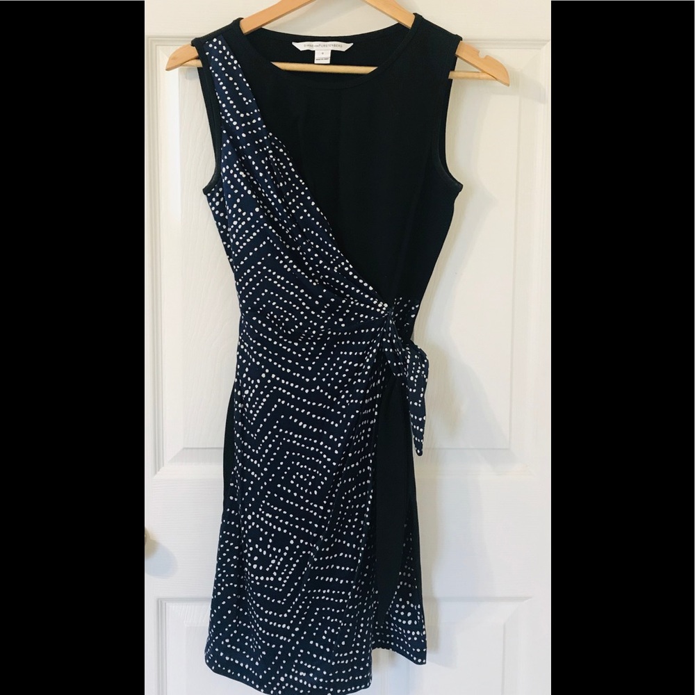 Diane Von Furstenberg Black and White Polka-Print Faux Wrap Midi Dress